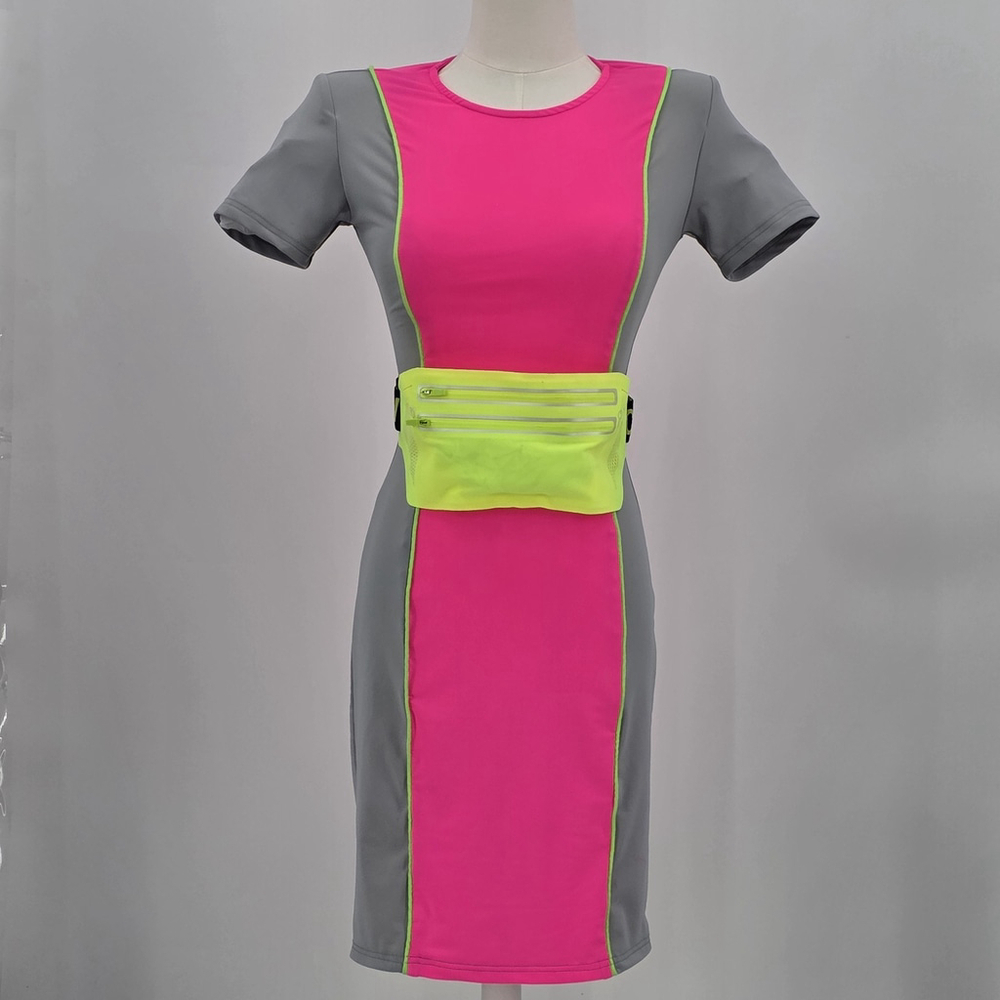Rave Unicorn Universe Bodycon Dress Womens S Neon Pink Gray Belt Bag Festival - Picture 1 of 12